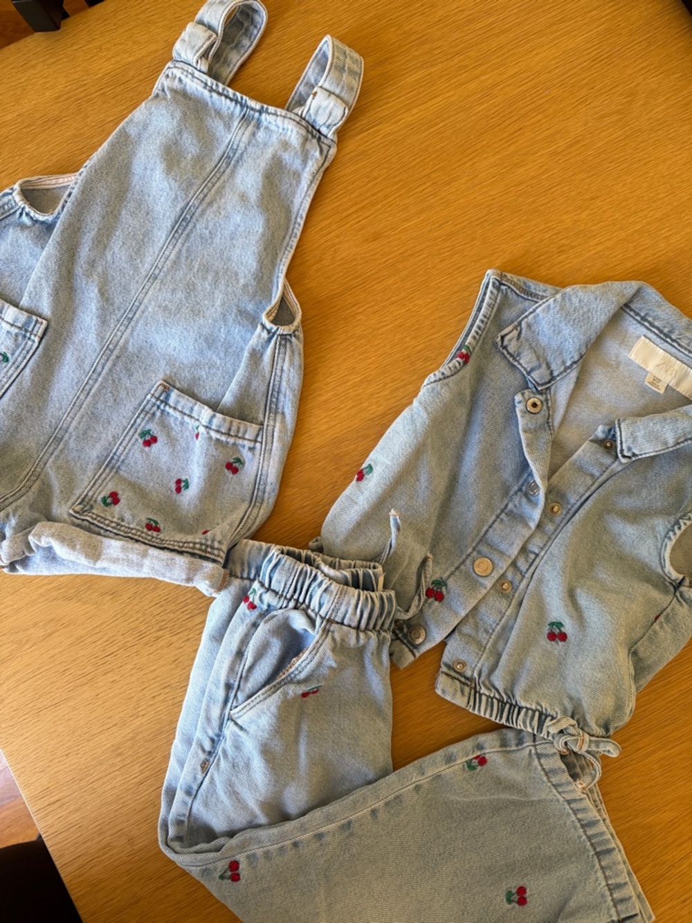 Zara Light Blue Denim Kids Matching Set with Red Cherry Embroidery